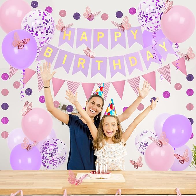 Purple and Pink Birthday Decorations, Happy Birthday Banner and Purple Pink Balloons, Butterfly Stickers with Circle Dot Paper Garland, Bunting Banner, for Party Decorations