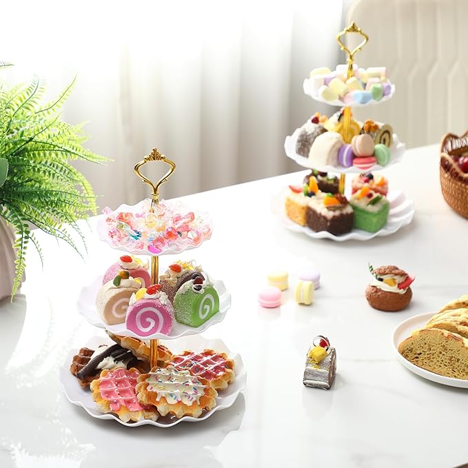 Patelai 8 Packs 3 Tier Cupcake Stand Holder Plastic Cake Serving Display Stand Tower Donuts Cookie Dessert Tray Holder Wave Shape with Gold Rod for Wedding Birthday Baby Shower Tea Party(White)