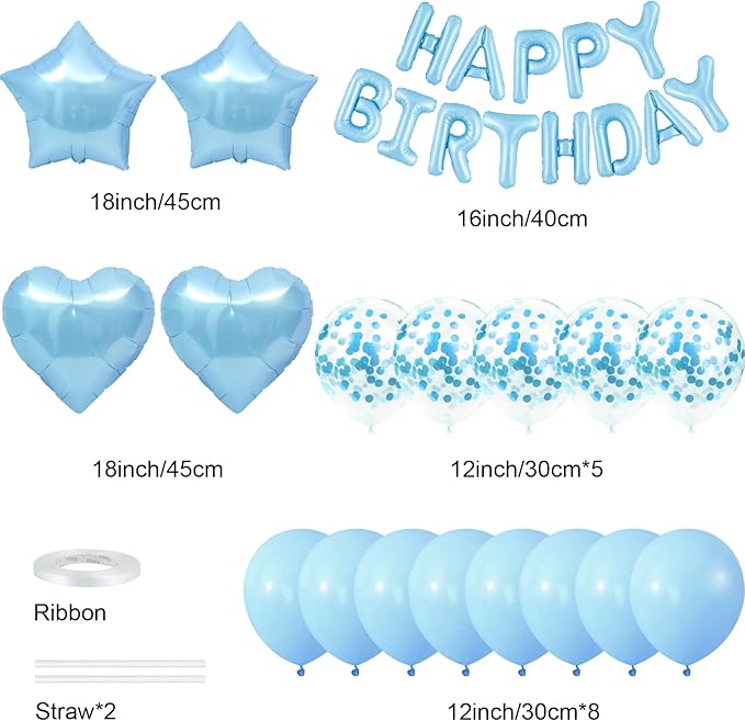 CANREVEL Happy Birthday Balloons Banner 16 Inch Mylar Foil Letters with Star & Heart Balloons Birthday Party Decorations for Men and Women - 30 Pcs Light Blue