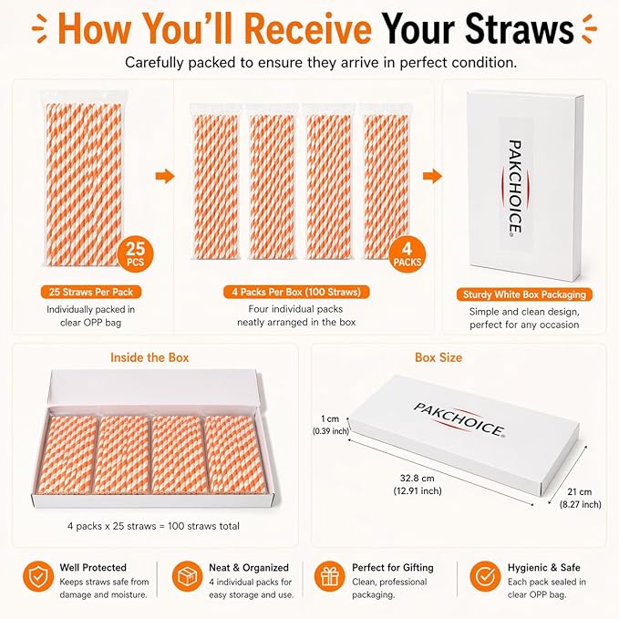 100 Pack Orange and White Striped Paper Straws, 7.75" Disposable Drinking Straws, Paper Party Straws for Halloween, Birthday, Bridal Shower and New Year Supplies