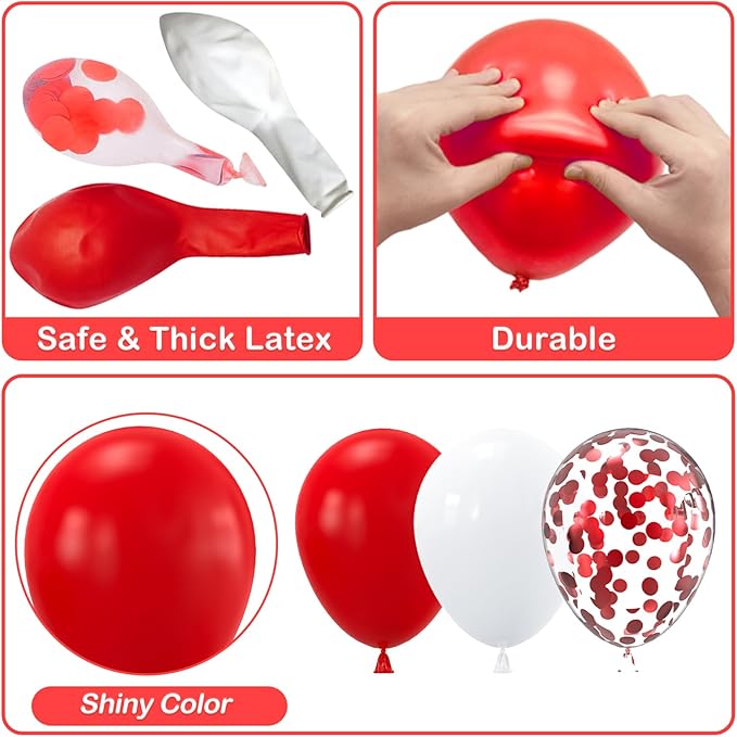 YAOWKY Red and White Balloon Garland Arch kit,124PCS 18 12 10 5 Inch Matte Red Matte White Christmas Latex Balloons and Red Confetti Balloons for Wedding Birthday Party Valentine's Day Decoration