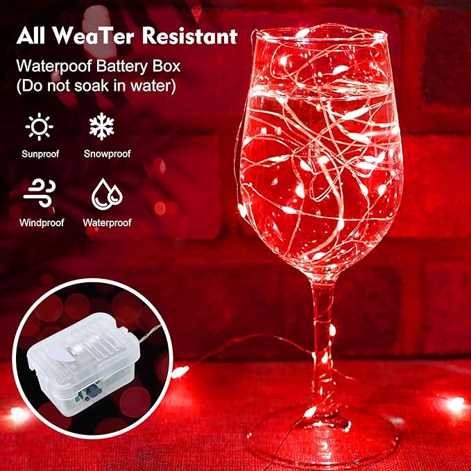 pozzolanas 12 Pack Red Fairy Lights Battery Operated 3 Modes 7FT 20 LED Waterproof String Lights Twinkle Silver Wire for Mason Jars Wedding Christmas Halloween Party Decor (12, Red)