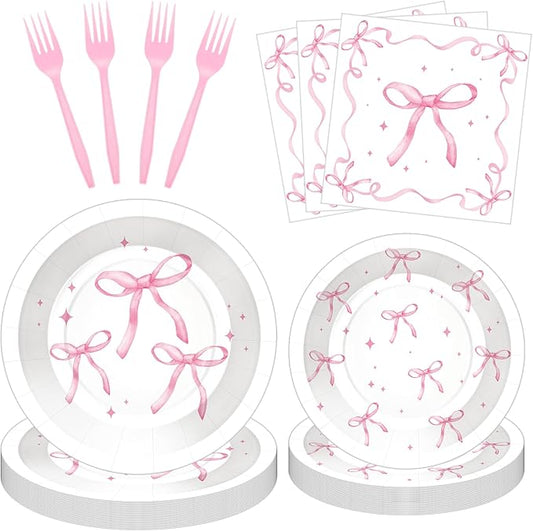 100 Pcs Pink Ribbon Bow Party Supplies Set, Serves 25 – Disposable Paper Plates, Napkins, and Plastic Forks, Coquette-Inspired Bow-Themed Tableware for Birthday, Bridal Shower, Wedding Decorations