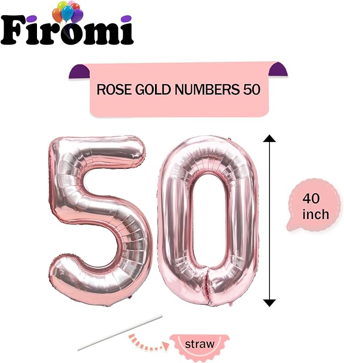FIROMI 50 Foil Number Balloons Rose Gold 40-inch Big Giant Jumbo Mylar 50 Balloon Numbers for 50th Birthday Party Anniversary Decorations