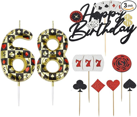 Casino Birthday Number Candles for Cake, Poker Birthday Candles for Casino Themed Birthday Party Decoration, Glitter Casino Birthday Cake Topper for Casino Night Theme Birthday Cake(Number 68 & 86)