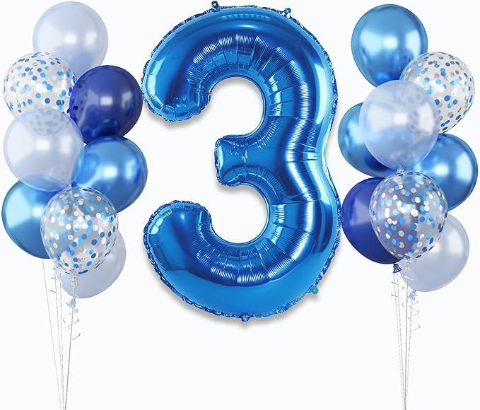 Navy Blue 3rd Birthday Balloon - Giant Self Inflating Number 3, Metallic Dark Blue Silver Confetti Helium Balloon, Foil 40 Inch Three for Boys 3 Year Old Birthday Party Anniversary Decor