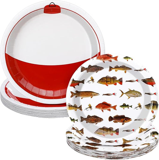 Sawysine 48 Packs Fishing Party Plates for Fishing Theme Party Decoration Disposable Paper Ofishally One Birthday Tableware Include 24 Pcs 7 Inch Fish and 24 Pcs 9 Inch Bobber Plates