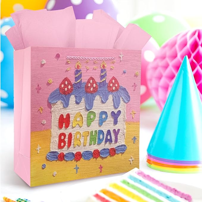 Ziletafei 9" Gift Bag with Tissue Paper, Happy Birthday Candle Cake Design for Girls Women, Pink Medium Size Party Favor Bags