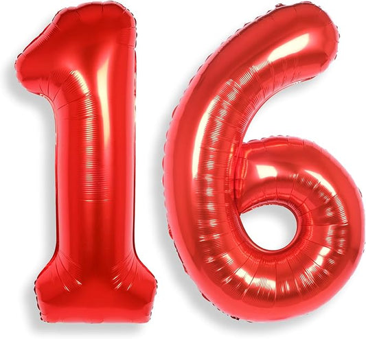 AULE 40 Inch Big Red Foil 16 Number Balloons for Girl Large 16th Happy Birthday Decorations Giant Huge Helium Mylar 61 Anniversary Party Decor