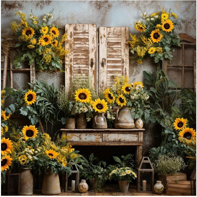 Kate 6.5x6.5ft Yellow Sunflowers Backdrops for Photography Rustic Brick House Background Bridal Baby Shower Sweet Birthday Party Decoration Studio Backdrop