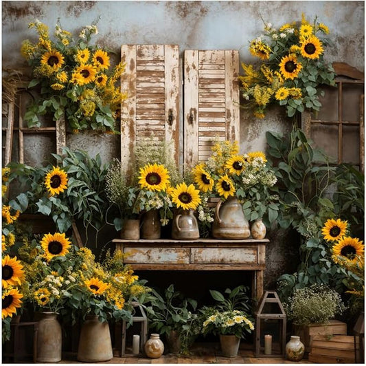 Kate 6.5x6.5ft Yellow Sunflowers Backdrops for Photography Rustic Brick House Background Bridal Baby Shower Sweet Birthday Party Decoration Studio Backdrop