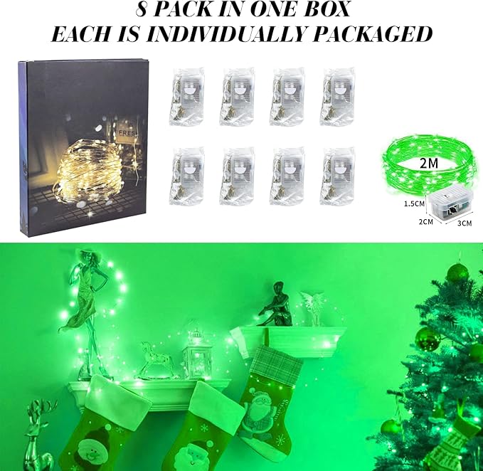 ZGWJ 8 Pack Fairy Lights Battery Operated, 7FT 20LED Mini Fairy String Lights Silver Wire 3 Modes for DIY, Parties, Wedding, Bedroom, Halloween Christmas Decoration- Green