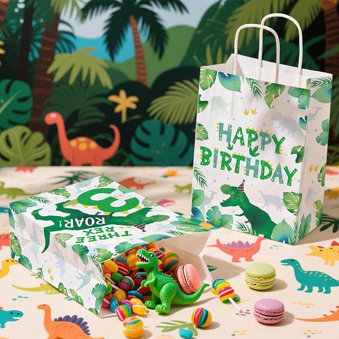 Grencian 16Pcs Dinosaur 3rd Birthday Party Favor Bags 3 Three Rex Dinosaur Candy Treat Gift Goodie Bags with Handles Three Rex Birthday Decorations for Boys 3 Year Old Party Decorations Favors Supplies