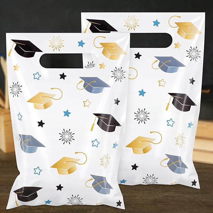 Hxezoc 50 Pieces Graduate Gift Bags with Handle, Plastic Treat Candy Bag Graduation Party Favor Bags for Graduation Season Themed Party Decoration Supplies