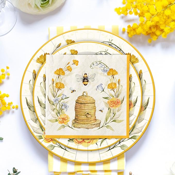 Whaline Bee Paper Plates and Napkins Set Summer Bee Flower Disposable Dinnerware for Wedding Birthday Baby Shower Holiday Tableware Party Supplies Table Decor, Serve 24