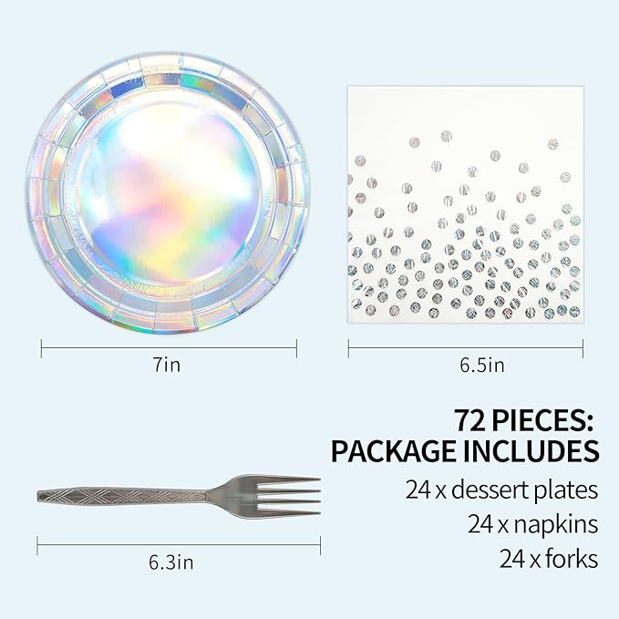 72Pcs Iridescent Silver Plates and Napkins Party Supplies, Holographic Disposable Paper Plates Napkins with Forks Tableware Set for Mermaid Birthday Wedding Iridescent Party Decorations
