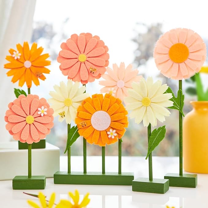 SUNBEAUTY 8 PCS Daisy Felt Centerpieces for Tables Flower Birthday Decorations Daisy Birthday Party Decorations Pink Orange Spring Floral Table Decor for Girl Birthday Baby Shower Garden Home Decor