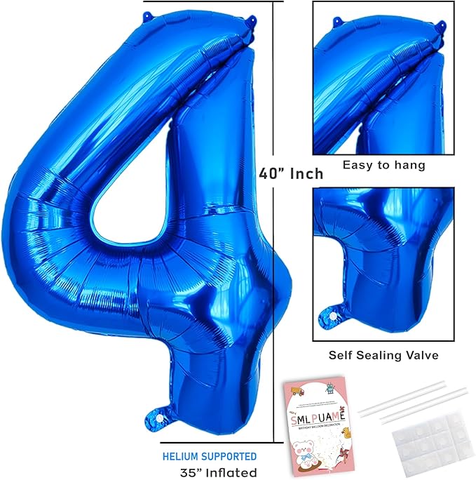40 Inch Navy Blue 4 Balloon for 4th Birthday Party, Blue Four Number Balloon 14 24 34 Birthday Decorations for Boys Girls Men Women, Helium Giant Foil Number 4 Balloon