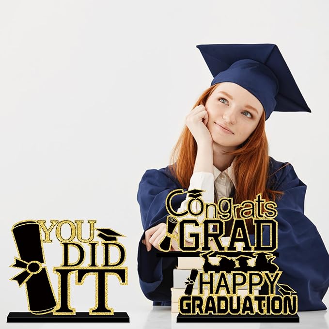4Pcs Black and Gold Graduation Decorations Class of 2026 Congrats Grad Wooden Table Centerpieces Grad Table Toppers Congratulate Tiered Tray Decor for 2026 Graduation Decorations