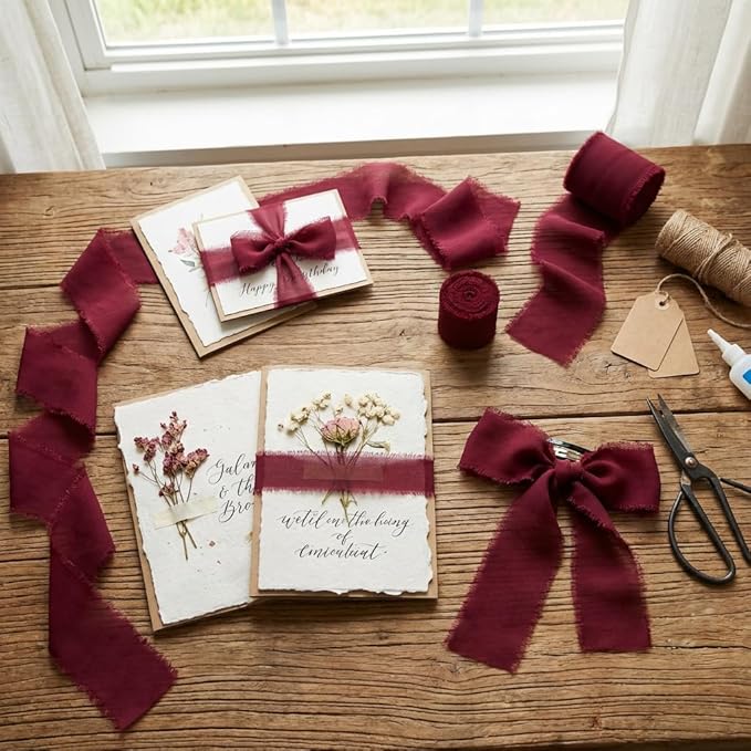 Handmade Chiffon Ribbon 1.5 Inch Wide, 3 Rolls 21 Yards, Burgundy Frayed Edge Fabric Ribbon for Formal Wedding Decor, Floral Accents & Elegant Gift Wrapping(Burgundy)