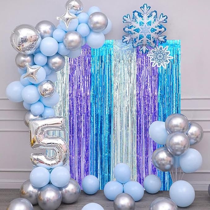 BEISHIDA 3 Pack Streamers Fringe Foil Curtain Backdrop Curtain, Tinsel Curtain Wall Door Party Streamers for Birthday Party Decoration-Silver Blue Purple (3.28 ft x 6.56 ft)