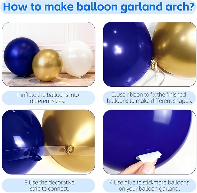 Navy Blue Gold Balloons Arch Kit, Double Stuffed Pearl White Blue Gold Chrome Balloons Garland Kit for Birthday Graduation Father's Day New Year Bridal Shower Wedding Party Decoration