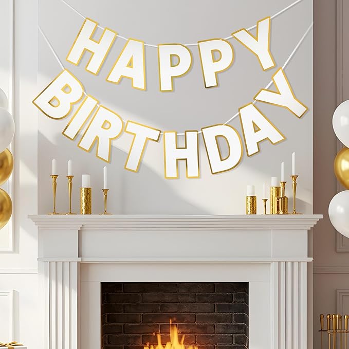 Happy Birthday Banner - 9ft Pre-Strung Happy Birthday Sign for Women, Men, Girls, Boys - No DIY Birthday Decorations & Party Supplies(White)