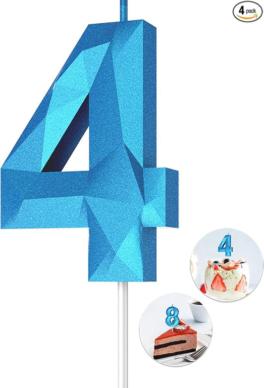 Number Birthday Candles(4 Candle Blue) 3D Diamond Shape Number Happy Birthday Cake Candles for Birthday Party Wedding Decoration Reunions Theme Party