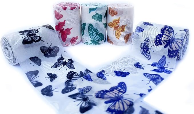 5 Rolls Chiffon Ribbon with Butterfly Print | 2" x5 Yards Frayed Edge Craft Ribbons for Wedding Bouquets, Gift Wrapping, Party Decorations