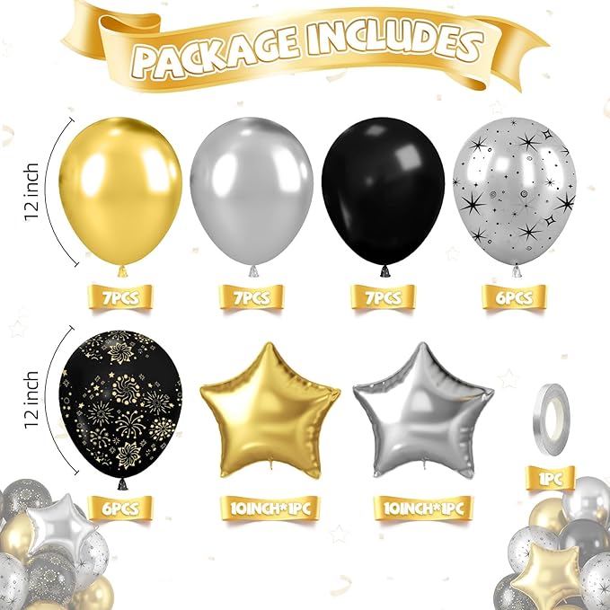 Black and Gold Balloons, Black Silver Gold Balloons, Silver Star Fireworks Printed Balloon With Star Foil Balloon For New Year Retirement Graduation Birthday Baby Shower Party Wedding Celebration