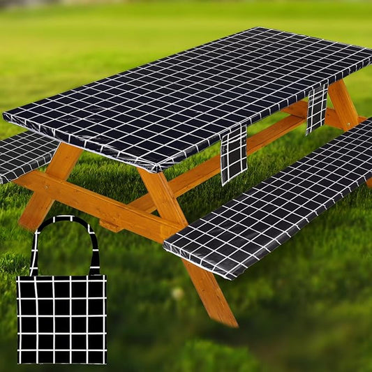 Picnic Table Cover with Bench Covers Vinyl Elastic Edges Fitted Rectangle Seat Tables Waterproof 3-Piece72X30in Set Outdoor Rectangular Folding Backing Tablecloth for Camping Over Size