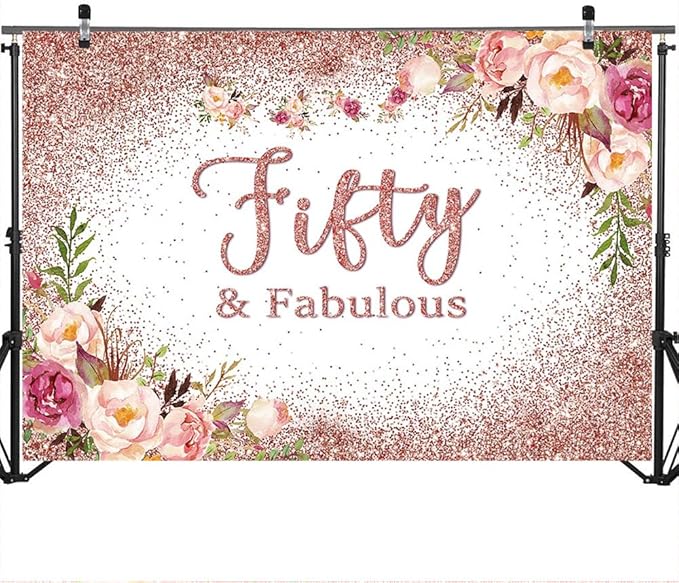 Mocsicka Fifty and Fabulous Backdrop Rose Gold Floral 50th Birthday Party Photo Backdrops Happy Fifty 50th Birthday Party Decorations Photography Background (6x4ft, 50th)
