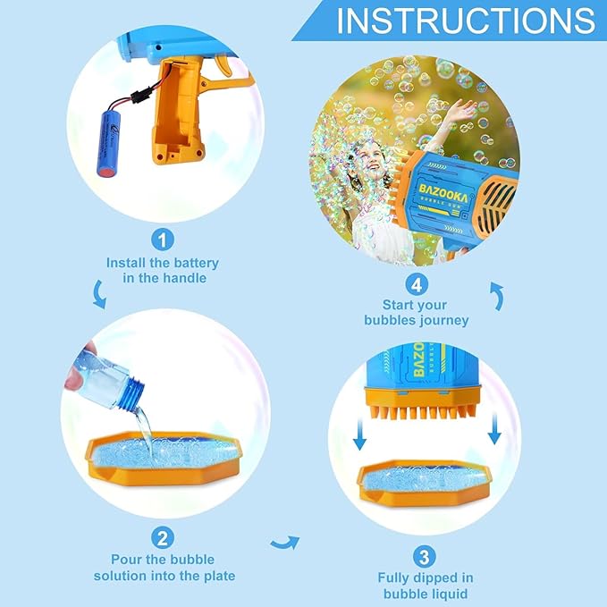Bubble Gun Bazooka Machine with Solution - 69 Holes Blaster for Outdoor Summer Toy, Party Favors - Blue Easter Bubble Maker Blowers for Kids