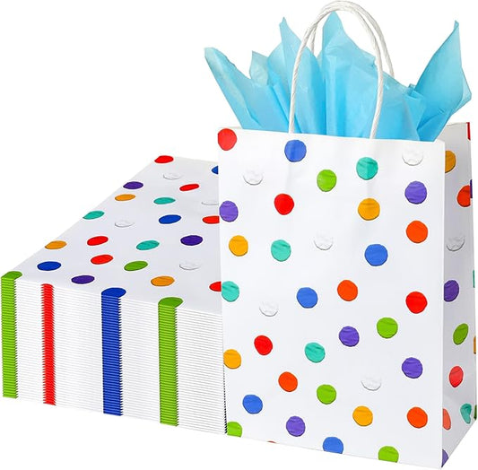 BLEWINDZ 32Pcs Rainbow Small Gift Bags Bulk with 32Pcs Tissue Paper - Colorful Polka Dots Goodie Bags with Handles for Party Favors, Kids Birthday, Baby Shower, Wedding, Shoppings