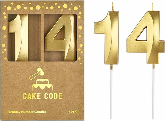 2.76 Inch Diamond Gold 14 Number Birthday Candles, Gold Number Candles, Cake Number Candles, Party Celebration