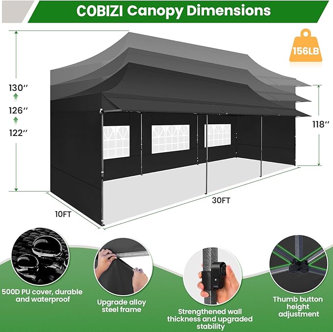 COBIZI 10X30 Pop Up Canopy Tent Heavy Duty with Sidewalls, Outdoor Commercial Canopy with Awning, Waterproof&69 SF Extended Awning, Vendor Tent for Market, Party Events, Black