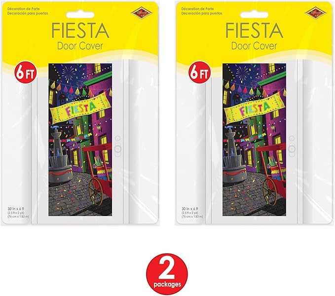 Beistle Fiesta Door Covers – 2-Count All-Weather Plastic Party Decorations for Entryways – Colorful Mexican Scene with Pinata & Banner for Cinco De Mayo Celebrations – 6' x 30"
