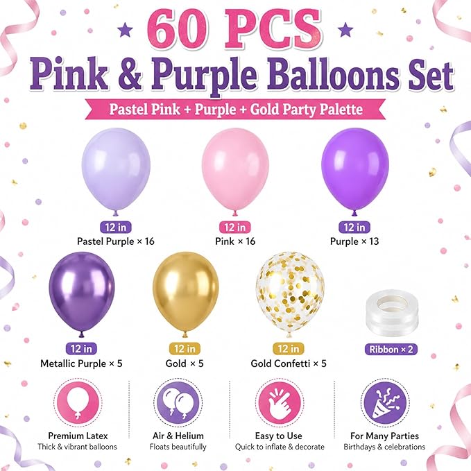 Pink and Purple Balloons, 60PCS Pastel Purple and Pink Balloons, 12 Inch Metallic Gold Confetti Latex Balloon for Women Girls Baby Shower Bridal Shower Birthday Butterfly Party Decor
