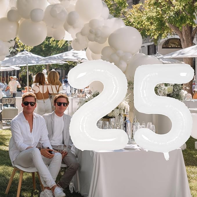 SUWEN 40 Inch White Large 25 Number Balloons Big Foil Helium Number Balloons 0-9 Giant Jumbo Happy 25th Birthday Party Decorations for Men or Women Huge Mylar 52 Anniversary Party Supplies