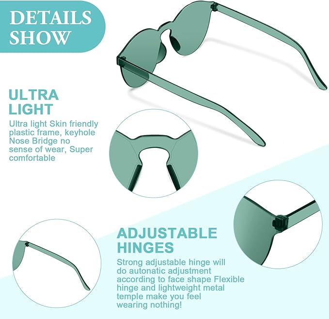 Konohan 42 Pairs Rimless Colored Sunglasses Bulk Colorful Glasses Frameless Fun Party Sunglasses Round Candy Colored Tinted Eyewear Retro Eyeglasses for Women Men Birthday Party Favor, 21 Colors