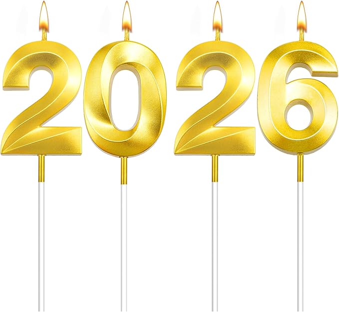 Graduation Candle 2026, 4 Pcs 3D Visual 2026 Gold Number Candles for Graduation Cake Decorations, Class of 2026 Cake Topper, 20, 22, 26, 60, 62 Birthday Candles Happy Birthday Cake Toppers
