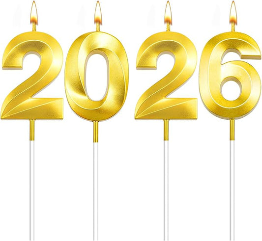 Graduation Candle 2026, 4 Pcs 3D Visual 2026 Gold Number Candles for Graduation Cake Decorations, Class of 2026 Cake Topper, 20, 22, 26, 60, 62 Birthday Candles Happy Birthday Cake Toppers