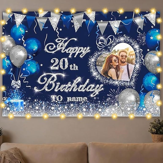 Dicodes Custom Navy Blue and Silver Theme Birthday Banner for Party Happy Birthday Backdrop Decoration Personalized with Name and Photo