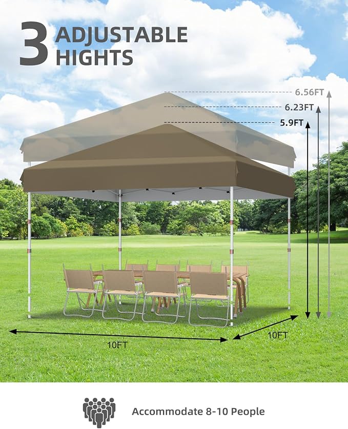 10x10 Pop Up Canopy, Beach Tent with One Push Setup,Outdoor Sun Shade for Events, Parties, Camping,UPF 50+ All Weather Waterproof, Commercial Gazebo with Weight Bags & Wheeled Carry Bag