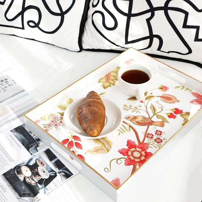 Spsyrine Decorative Serving Tray with Handles, White Lacquered Coffee Table Tray for Ottoman, Rectangle Waterproof Platters for Centerpieces, Parties, Living Room, Kitchen Counter Organization