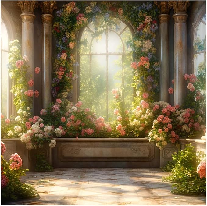 Kate 8x8ft Spring Pink Flowers Scenic Photography Backdrops Garden Pavilion Sunshine Floral Wall Photo Background Wedding Girls Birthday Party Backdrop Shooting