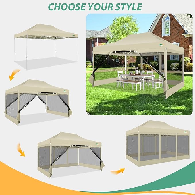 COBIZI 10x15 Heavy Duty Pop up Canopy with 4 Sidewalls, Canopy Tent with Mosquito Netting, Easy up Screen Party Tents for Parties Wedding Patio Backyard Commercial Gazebo with Handbag, Khaki