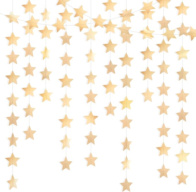 Metallic Champagne Gold Iridescent-Star-Garland 90FT – 240 Pcs Sparkling Star Streamers – Hanging Glitter Star Banner Backdrop for Birthday, Baby Shower, Wedding, Christmas Party Decorations (6 Packs)