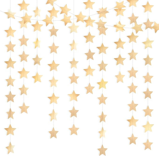Metallic Champagne Gold Iridescent-Star-Garland 90FT – 240 Pcs Sparkling Star Streamers – Hanging Glitter Star Banner Backdrop for Birthday, Baby Shower, Wedding, Christmas Party Decorations (6 Packs)