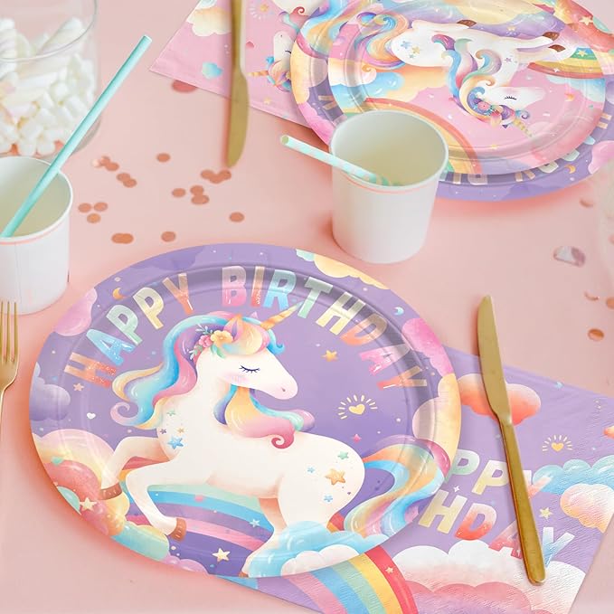 Unicorn Party Supplies Set for 16 - Unicorn Birthday Decorations with Dinner & Dessert Plates， Napkins - Ideal birthday Party Favors & Decor Kit